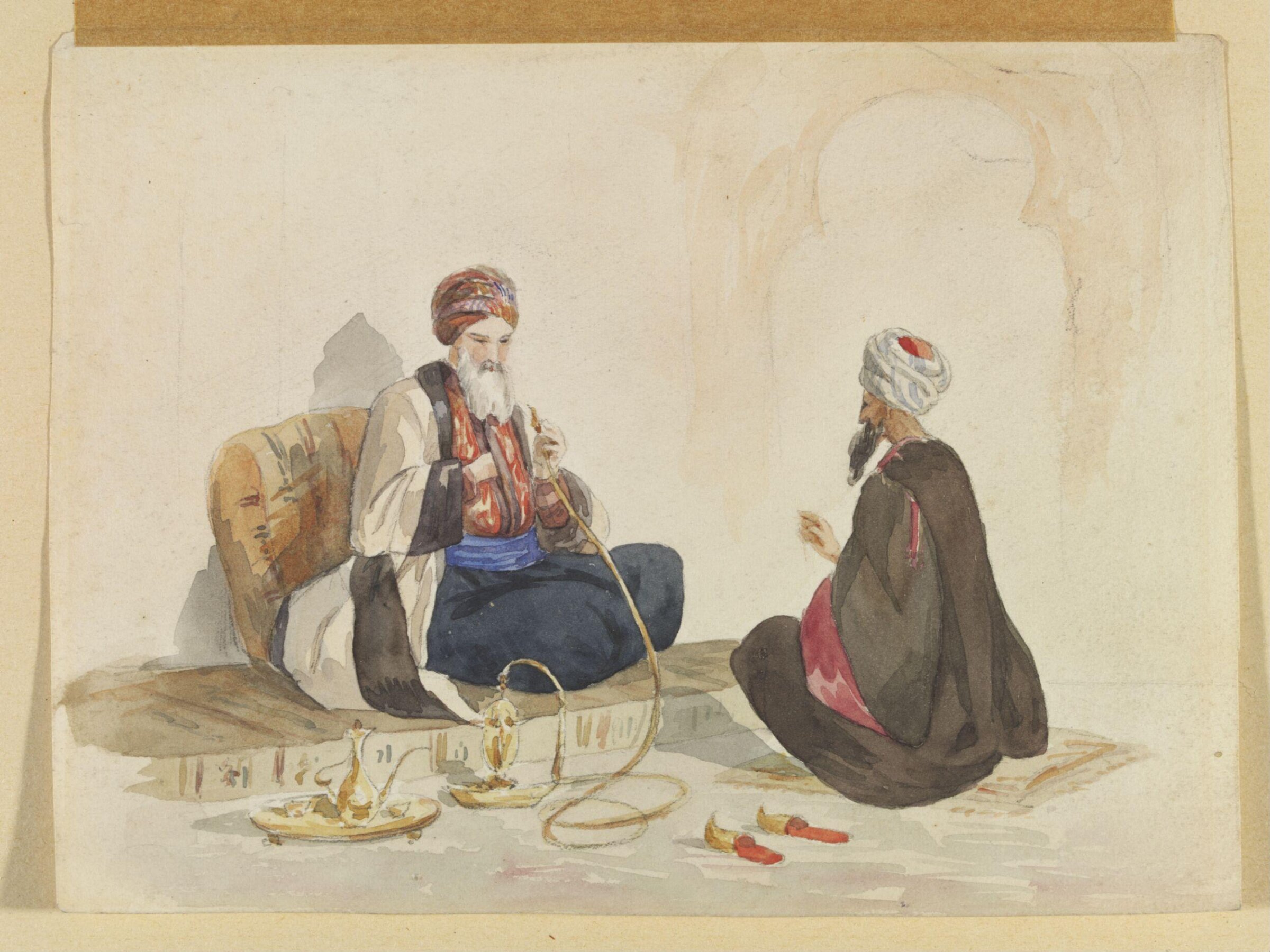 An Eastern dignitary smoking and giving audience to another, Joseph D'Arcy, ca. 1820