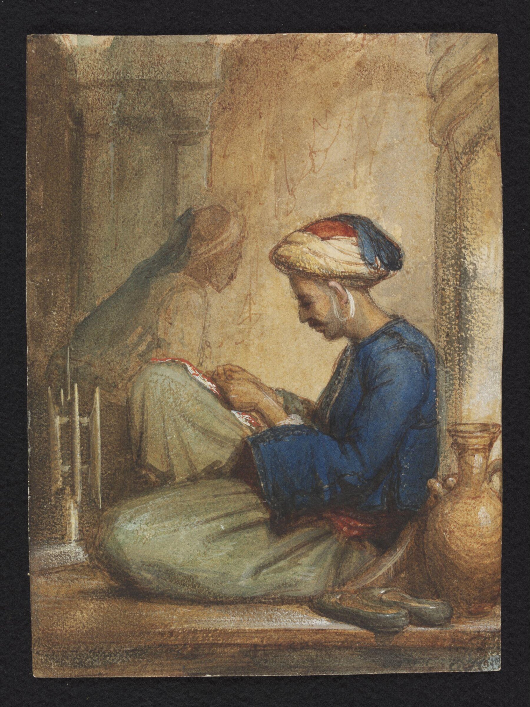 A North Indian[?] sewing with silk, Alexandre-Gabriel Decamps, mid 19th century