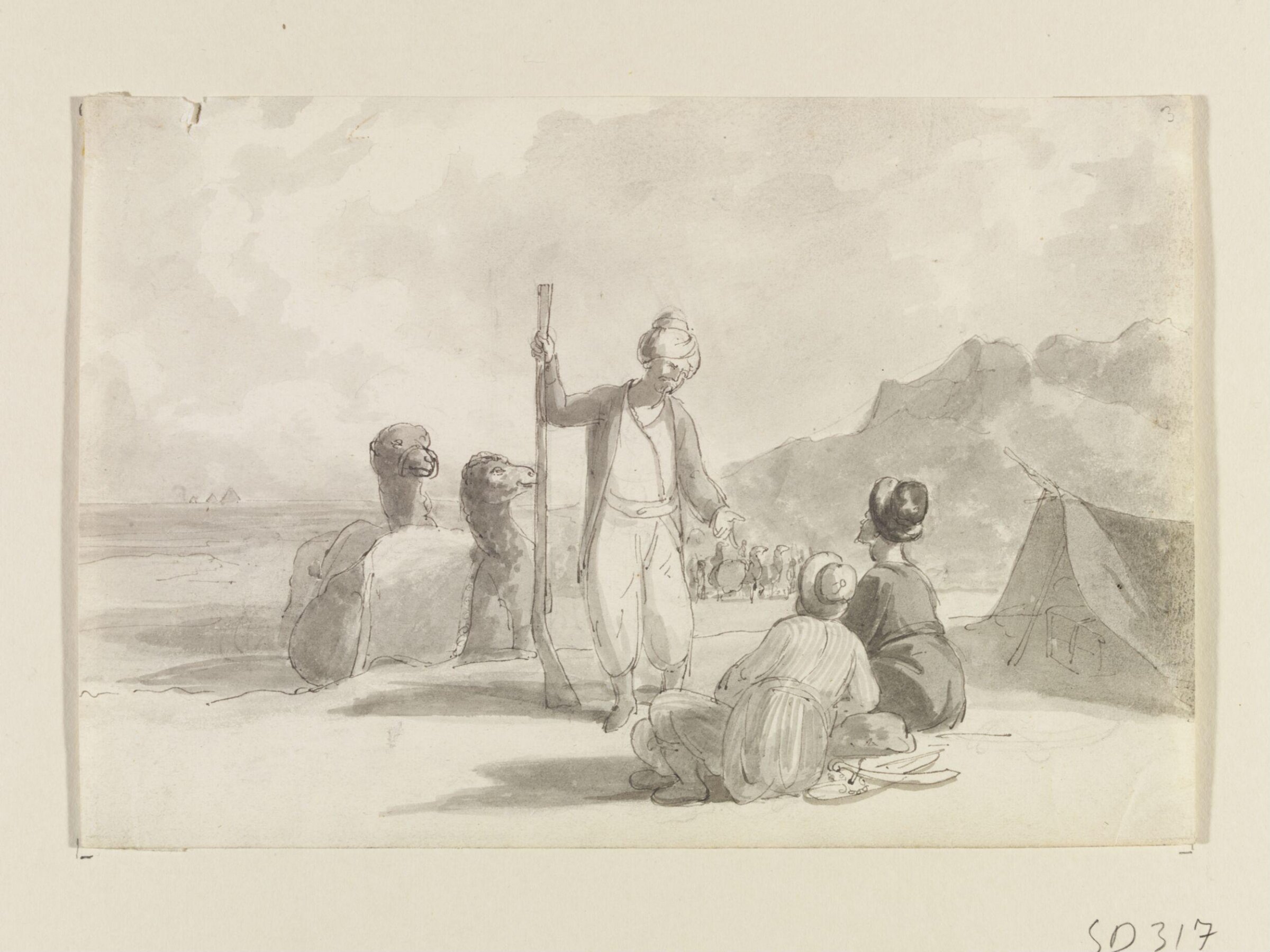 Encampment with men in Oriental dress and camels, probably Giza, 1747-1825