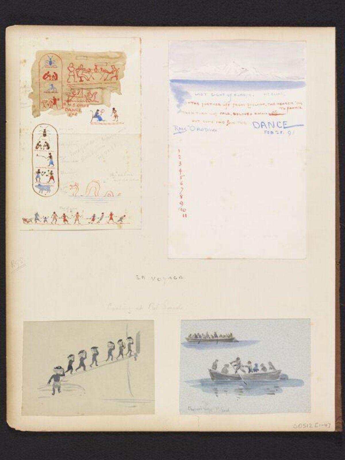 Comic designs for dance programmes, including mock Egyptian hieroglyphs, H. E. Howard, 1891