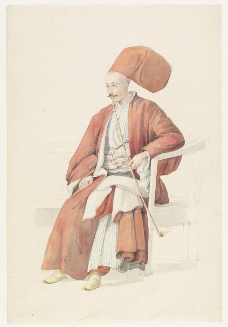 A Bostanci at the Court of the Sultan, seated on a bench, smoking top image