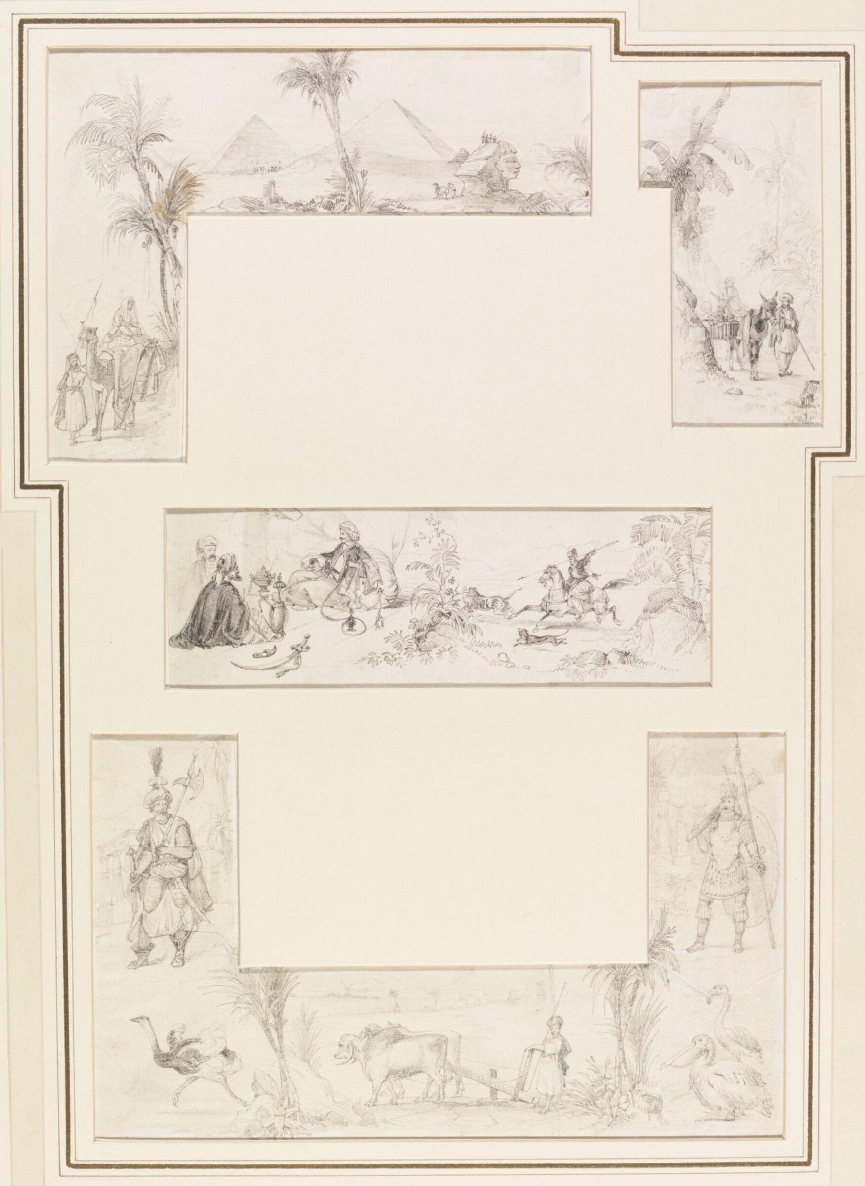 Two warriors with Egyptian temples, Achille-Constant-Théodore-Emile Prisse d'Avennes, 19th century