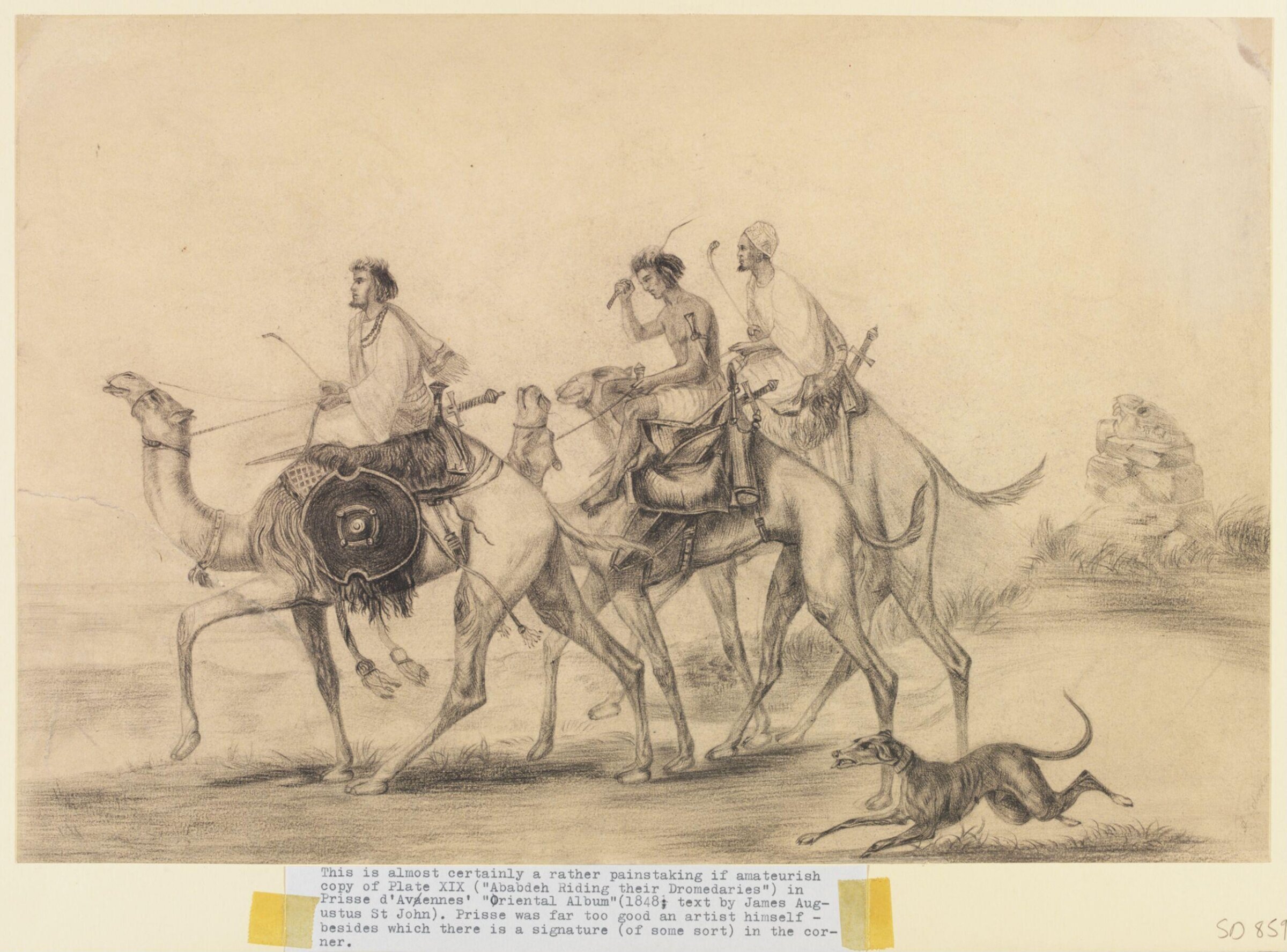 Ababdeh riding their dromaderies, Achille-Constant-Théodore-Emile Prisse d'Avennes, ca. 1850