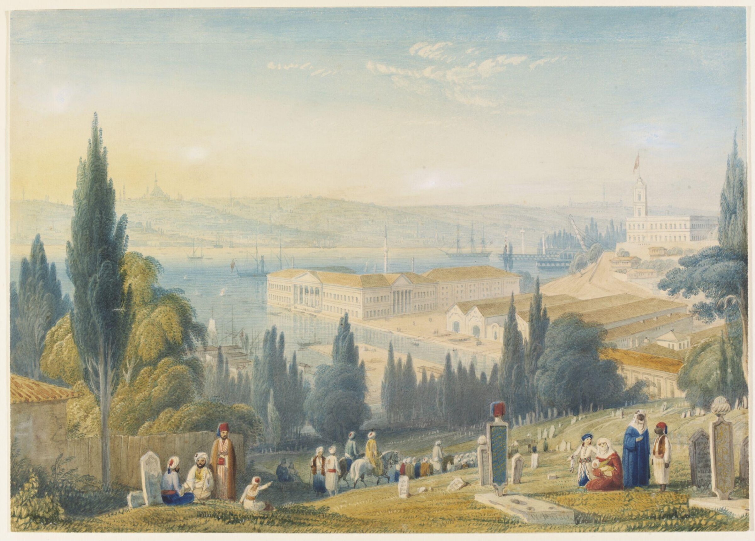 A view of the new Turkish Naval Buildings and Dockyards on the Golden Horn: Constantinople in the background, William Purser, 1820-1830