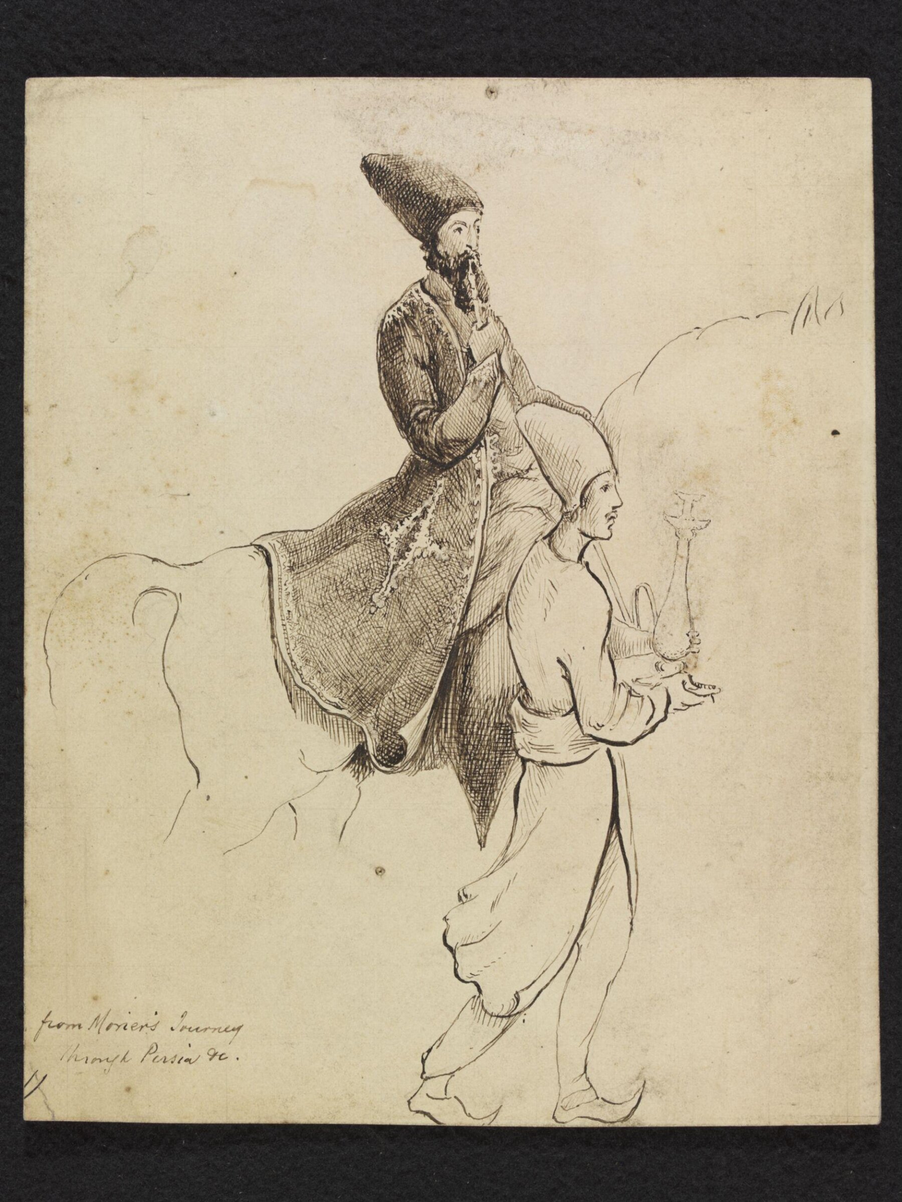 Persian on horseback, smoking a water-pipe, with a servant, James Justinian Morier, after 1812