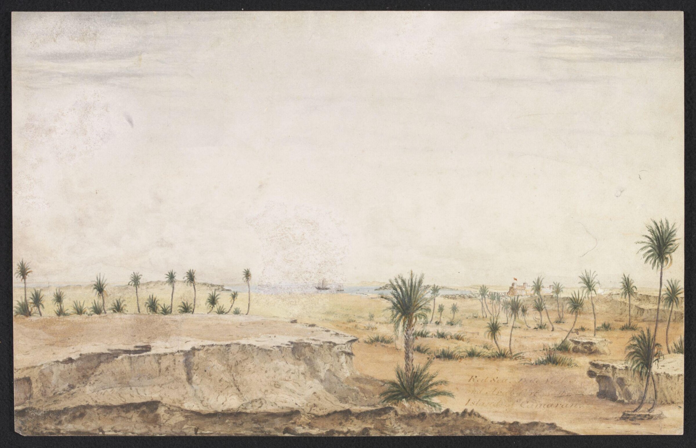 Red Sea. Date Palms and Arab Fort on the Island of Camaran, Robert Moresby, 1829-1834