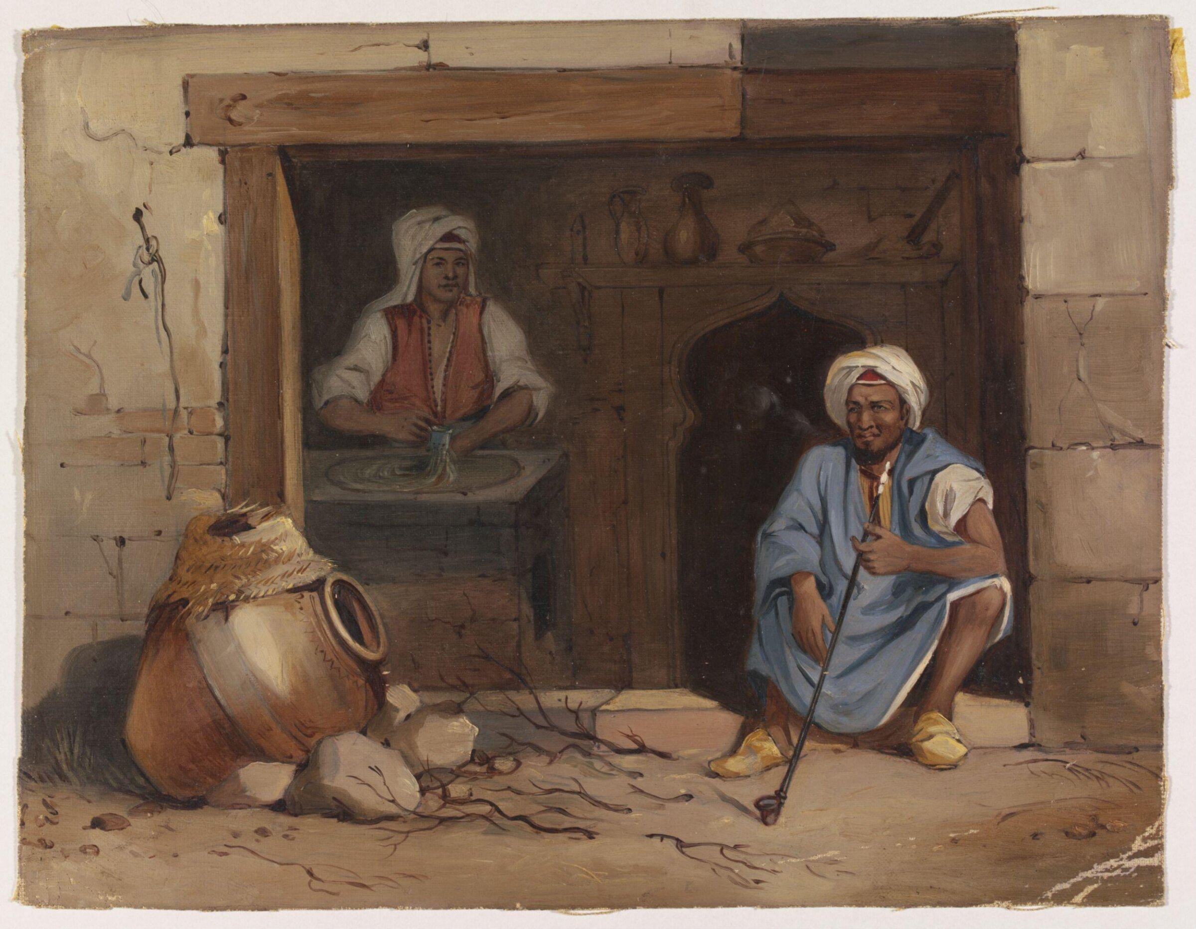 An Egyptian baker and his assistant at the door of a cake-shop, Achille-Constant-Théodore-Emile Prisse d'Avennes, ca. 1830-ca. 1840