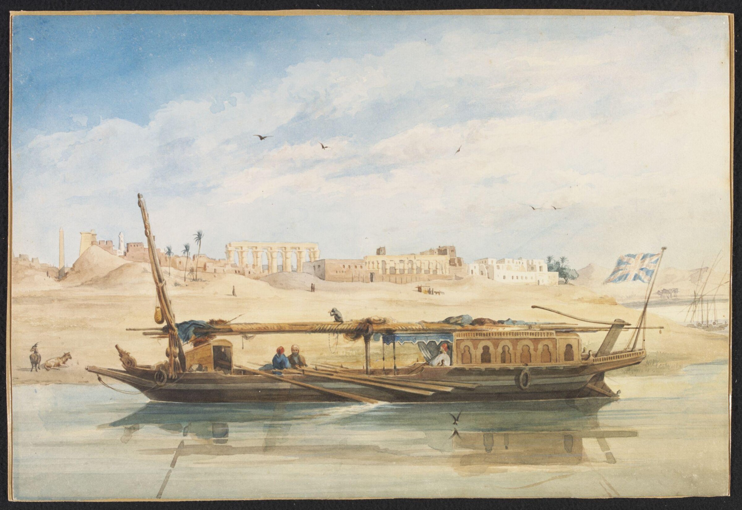 A Kanja on the Nile at Luxor, with the Temple of Luxor behind, Achille-Constant-Théodore-Emile Prisse d'Avennes, ca. 1838-1843