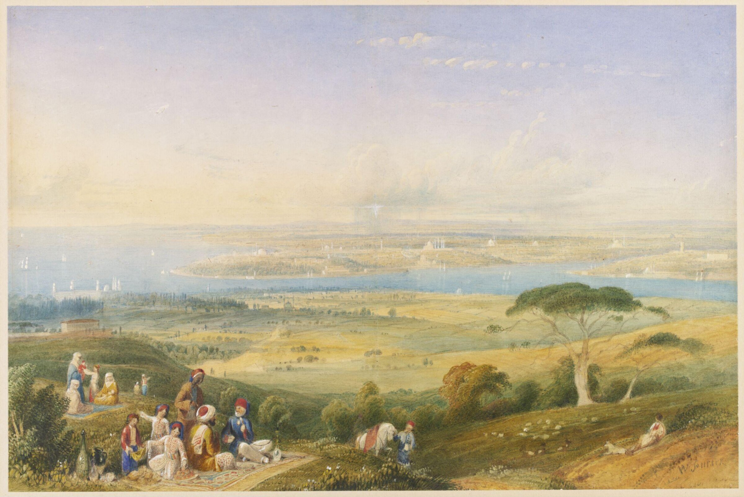 Turks picnicing in fields outside Scutari with a view of Constantinople in the distance, William Purser, 1820-1830