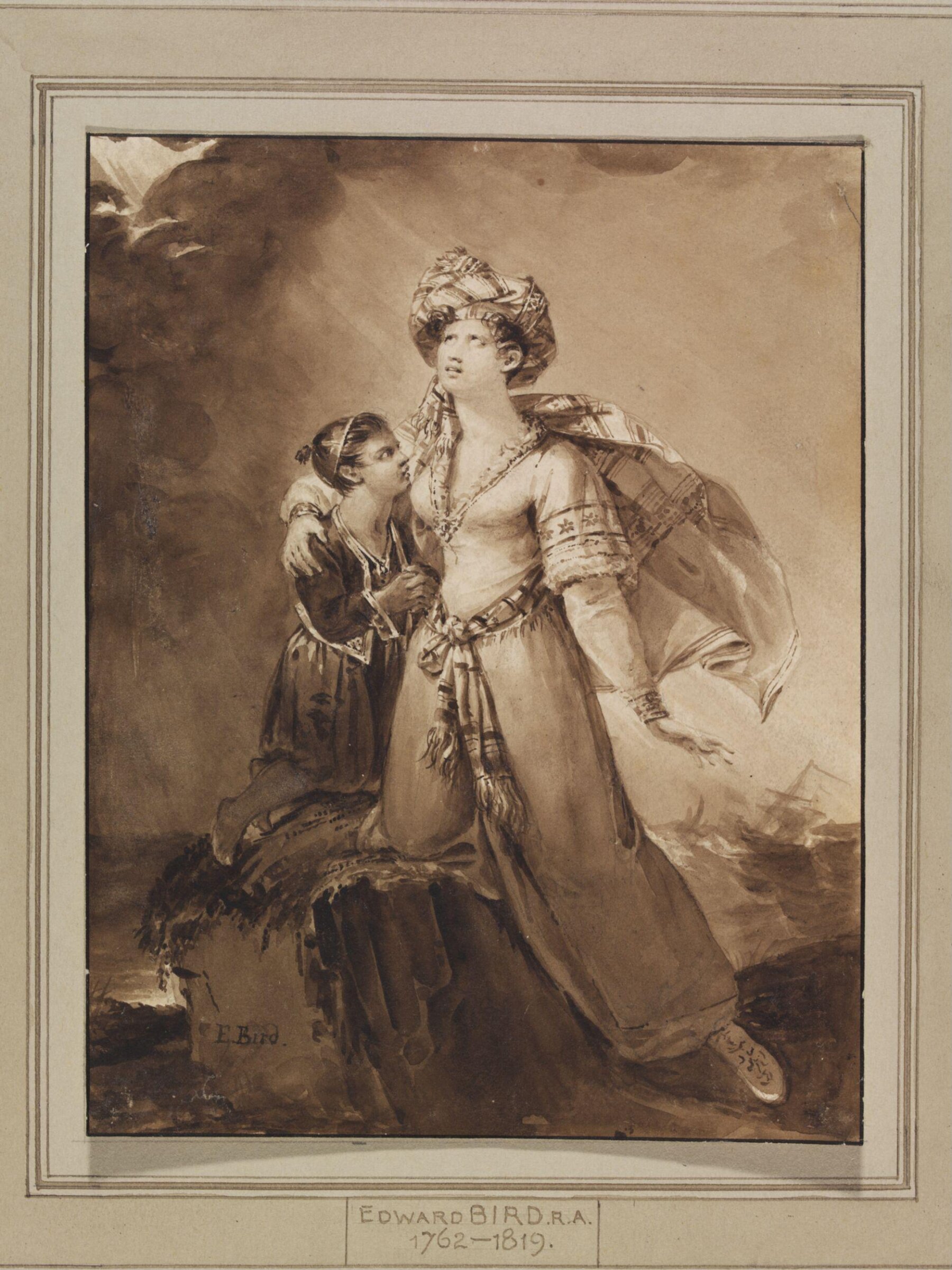 An Oriental woman and child on a rocky coast in a storm, Edward Bird, 1800-1810