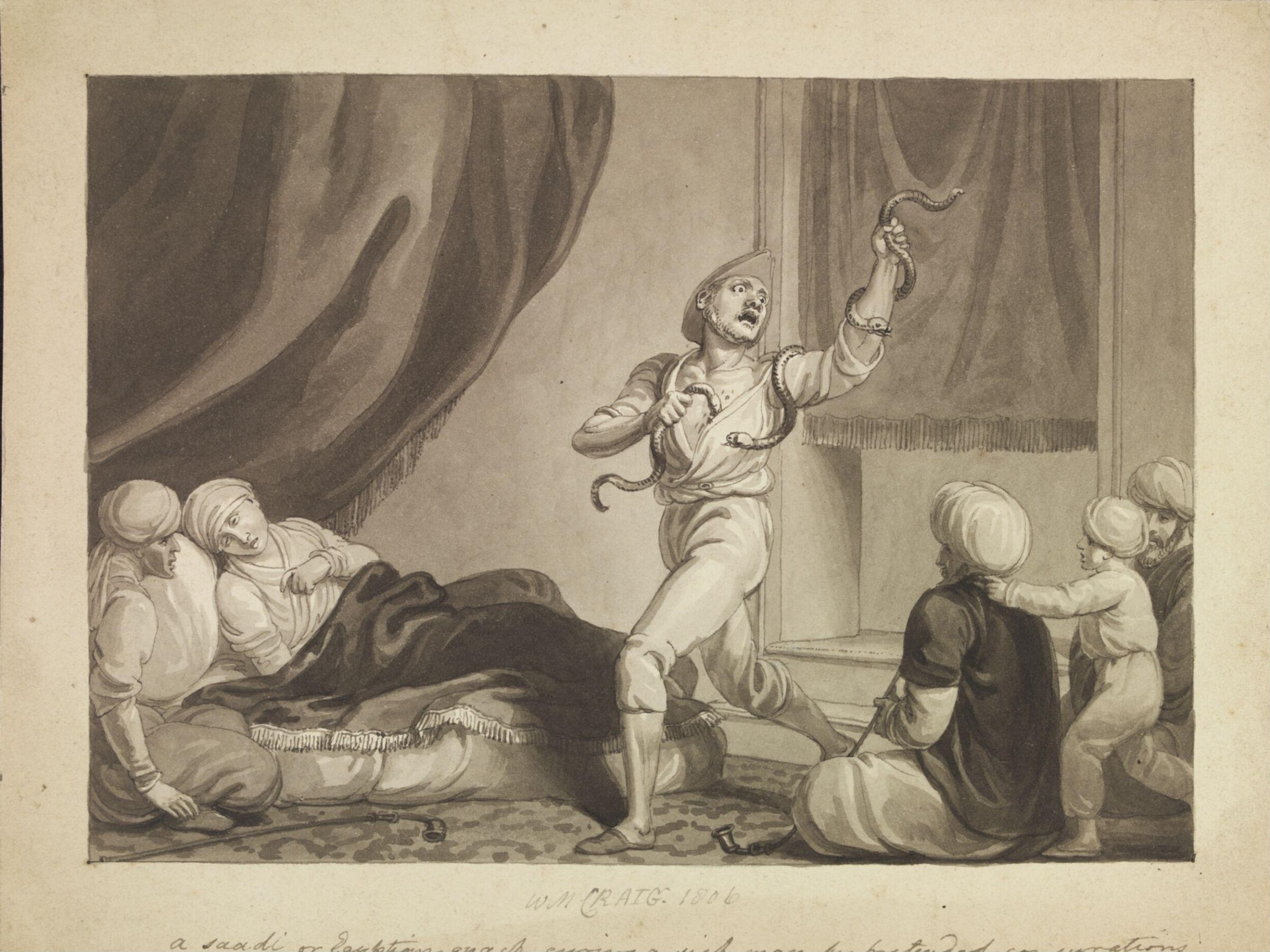 A saadi, or Egyptian quack, curing a sick man by pretended conjurations with serpents, William Marshall Craig, 1806