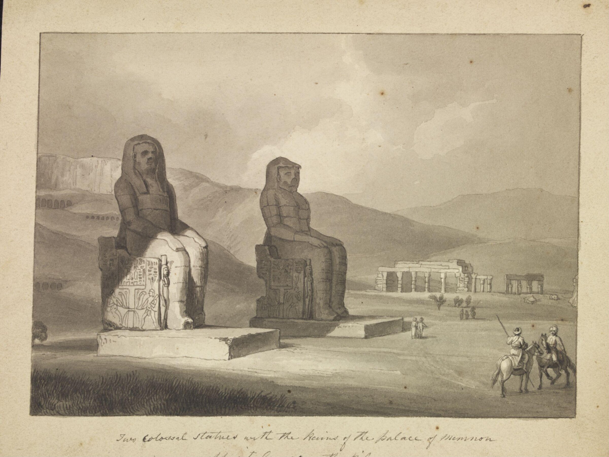 Two Colossal Statues with the Ruins of the palace of Memnon opposite Carnac on the Nile, William Marshall Craig, 1803-1804