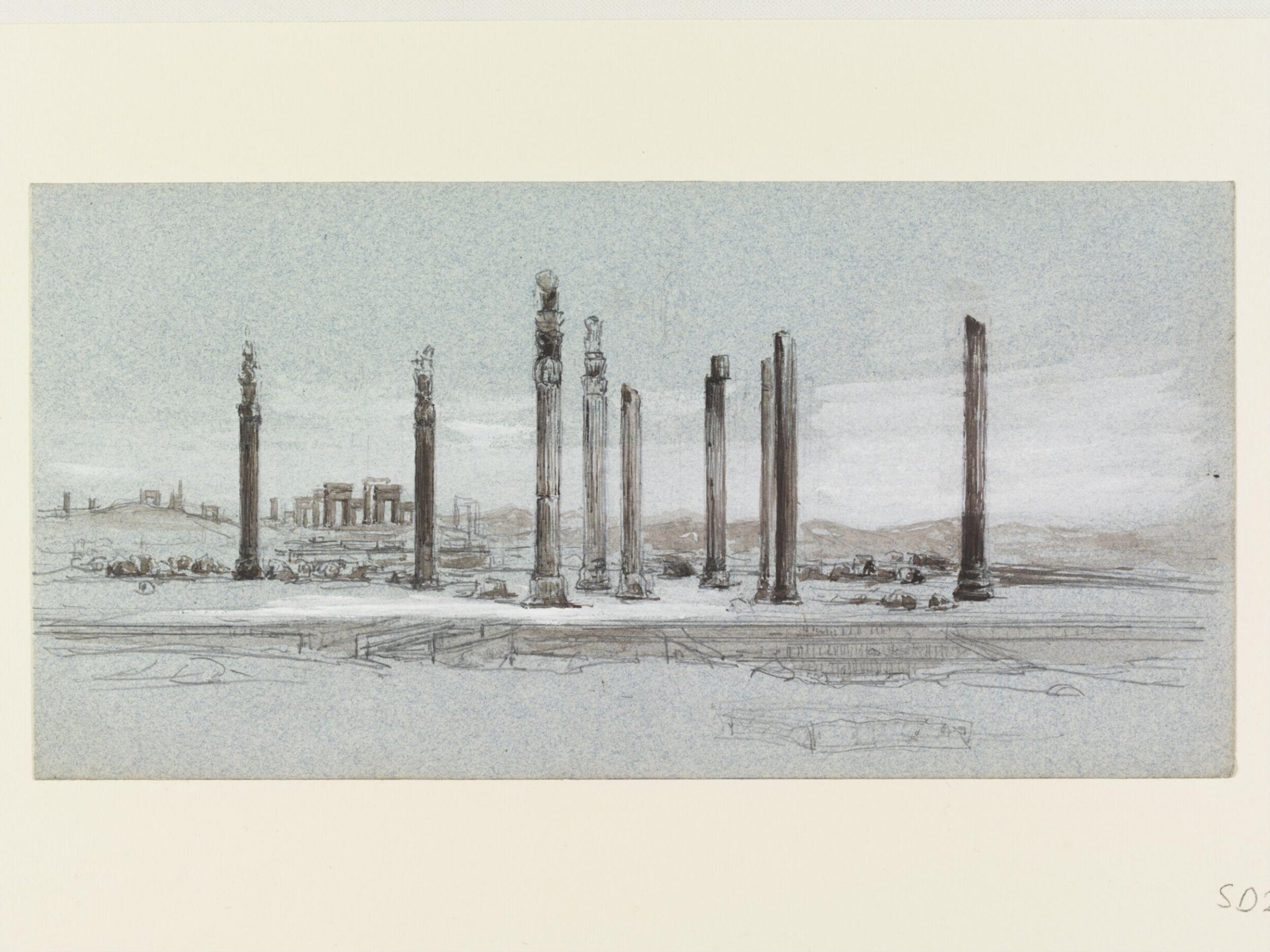Standing Columns at Persepolis. On the back, Landscape with an Aqueduct, possibly Smyrna or Ephesus, Charles Marcus Church, late 19th century