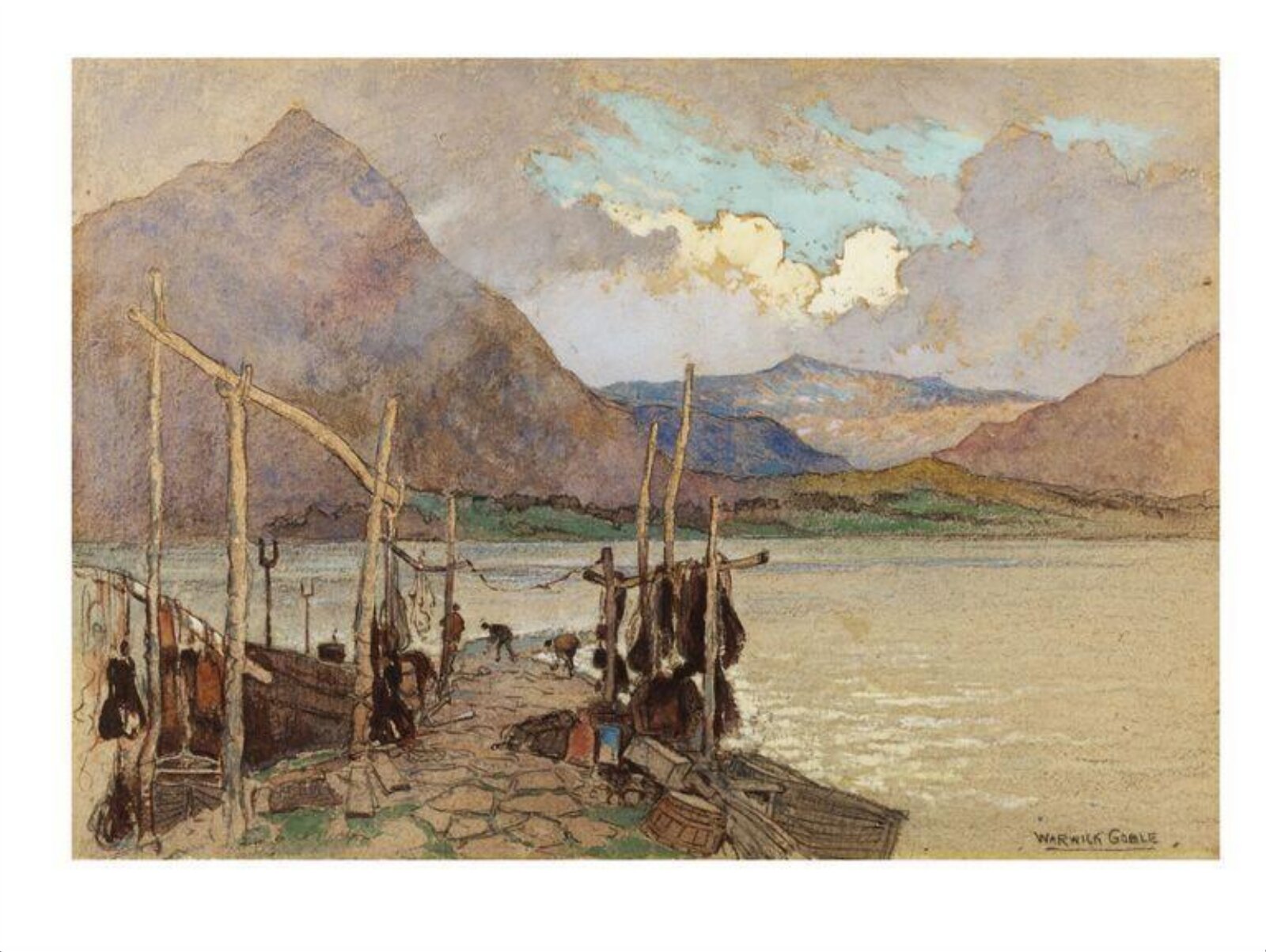 Scene with mountains, lake and jetty, Warwick Goble, ca. 1890-1940