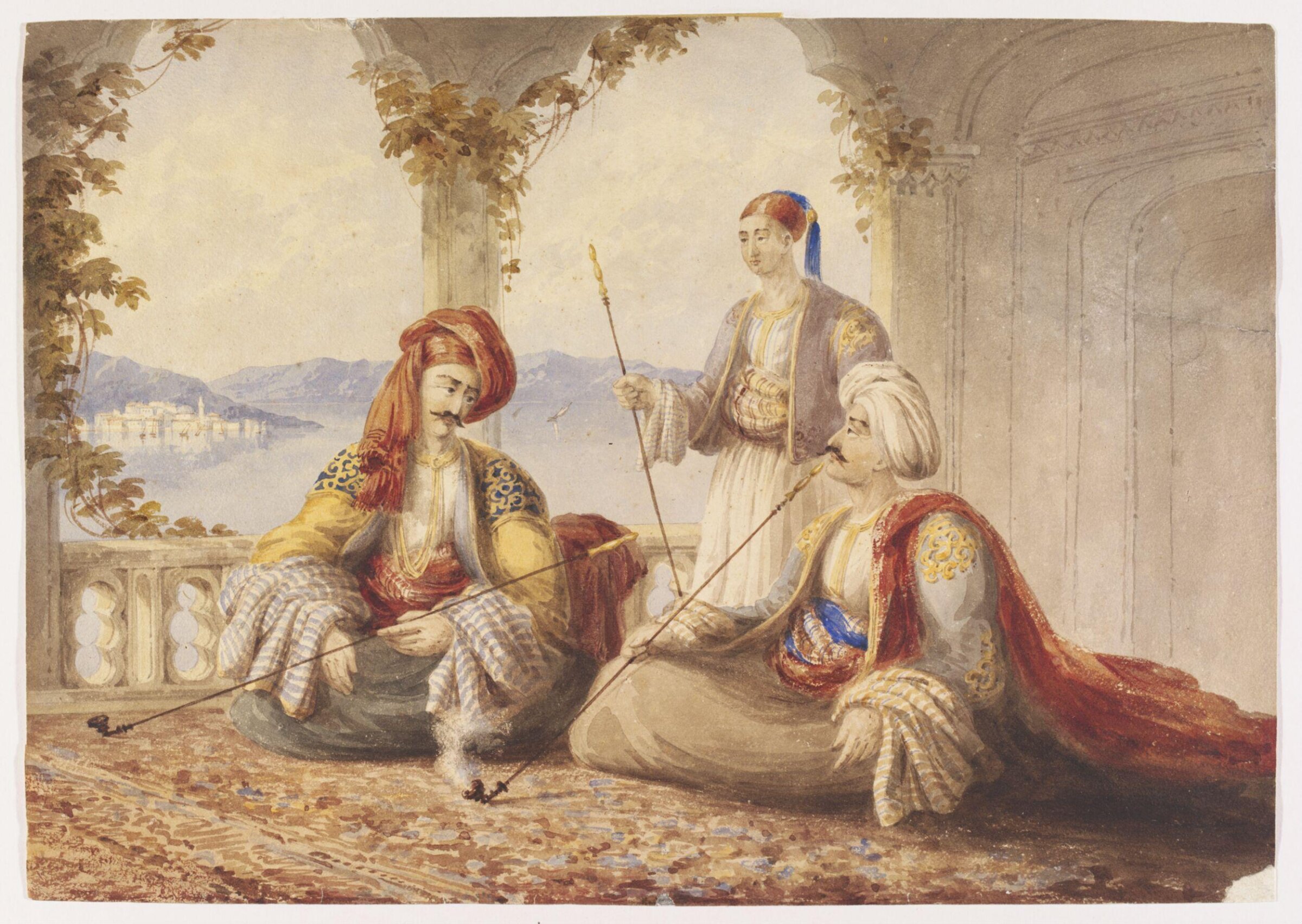 Two Turks, with a Servant, smoking on a Terrace overlooking a Lake or Sea in Turkey or Greece, William Page, ca. 1828-1840