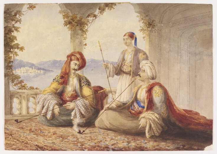 Two Turks, with a Servant, smoking on a Terrace overlooking a Lake or Sea in Turkey or Greece top image