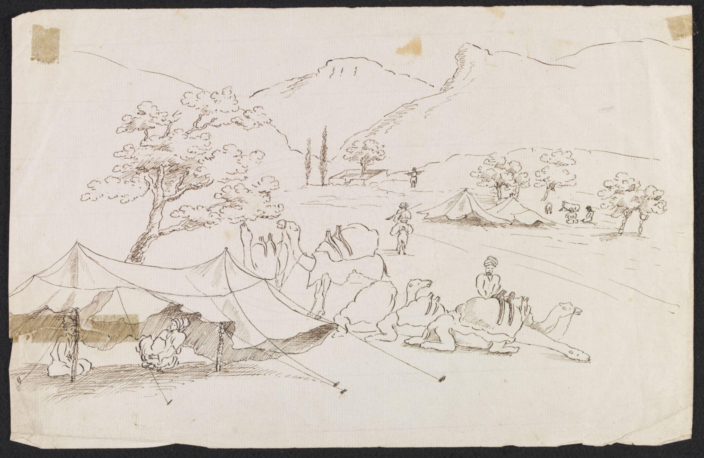 Encampment in the Hills, with resting camels, ca. 1822