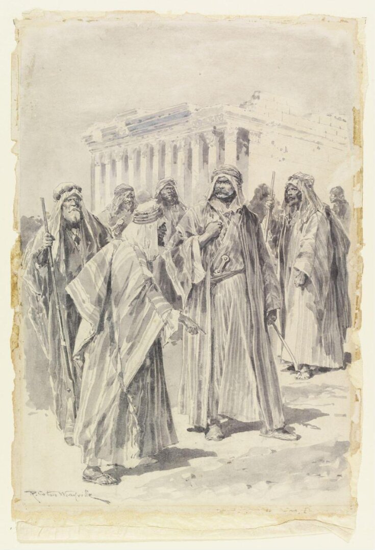 Figure in Arab dress (probably Lord Kitchener) with a group of Arab men in front of a temple top image