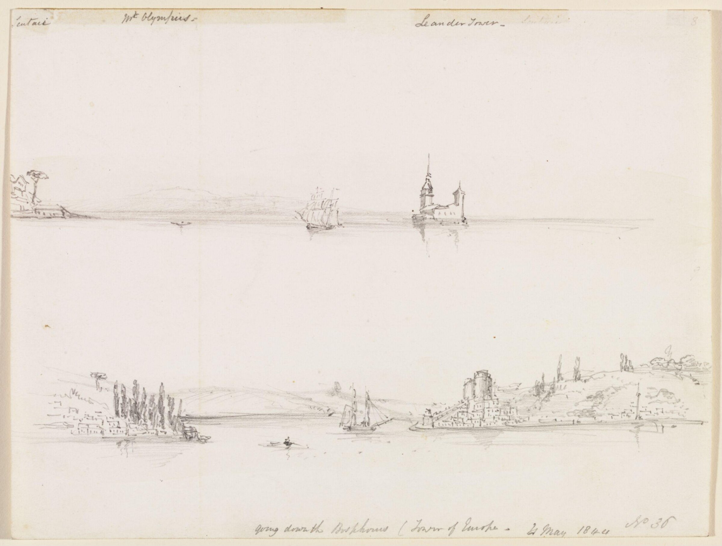 Scutari  Mt Olympus.  Leander Tower.  going down the Bosphorus ( Tower of Europe), George Scharf, 1844