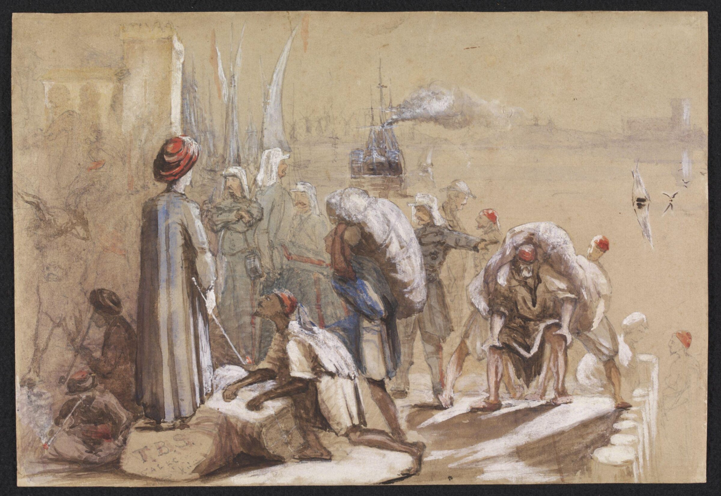 Advanced guard & Baggage of the Royal artillery landi[ng] a[t]  Alexandria en route for India, T. B. S., 1857