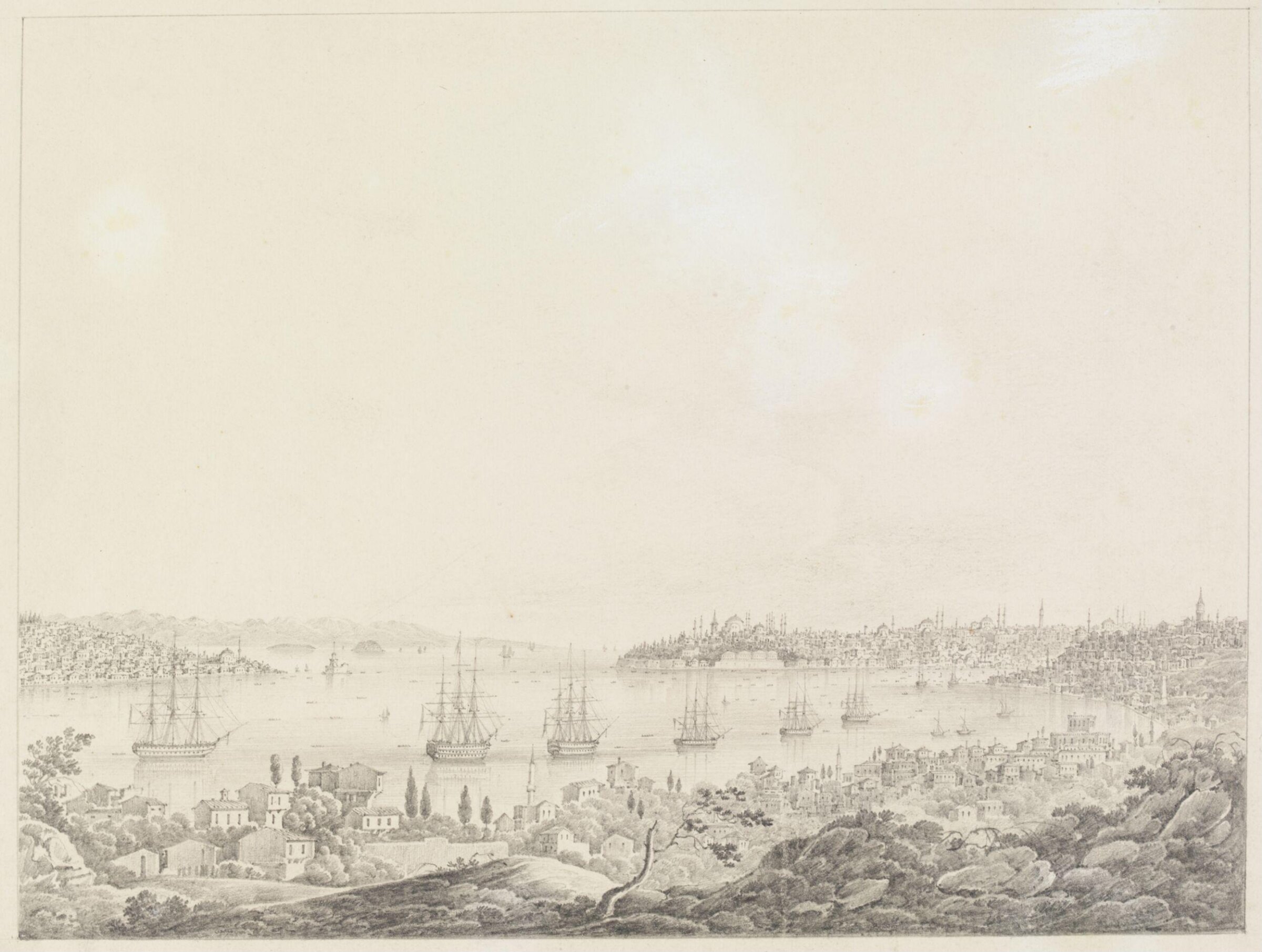 Constantinople and the Bosphorus from Besiktas; ships at anchor, Giuseppe Schranz, ca. 1835