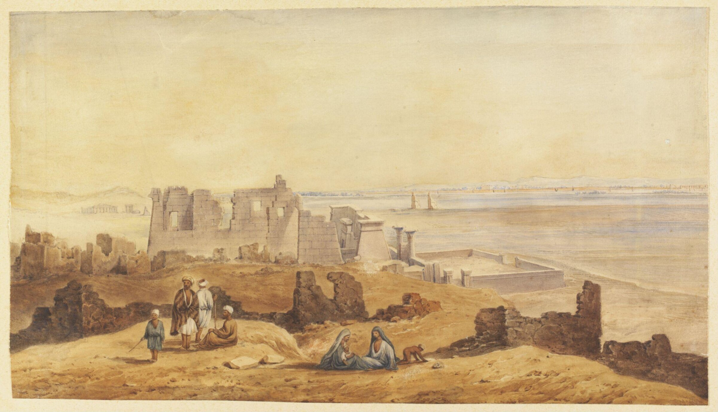 Luxor: the West Bank, with the Temple of Ramesses III at Madinat Habu; looking east towards the Nile, Antonio or Anton Schranz, 1840-1850