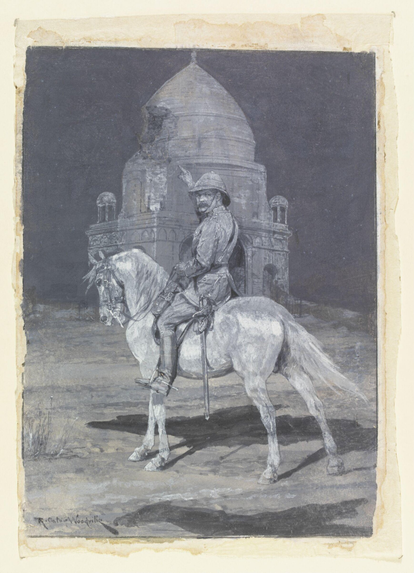 Lord Kitchener on horseback, pointing at the Mahdi's tomb at Omdurman, at night, Richard Caton Woodville, ca. 1899