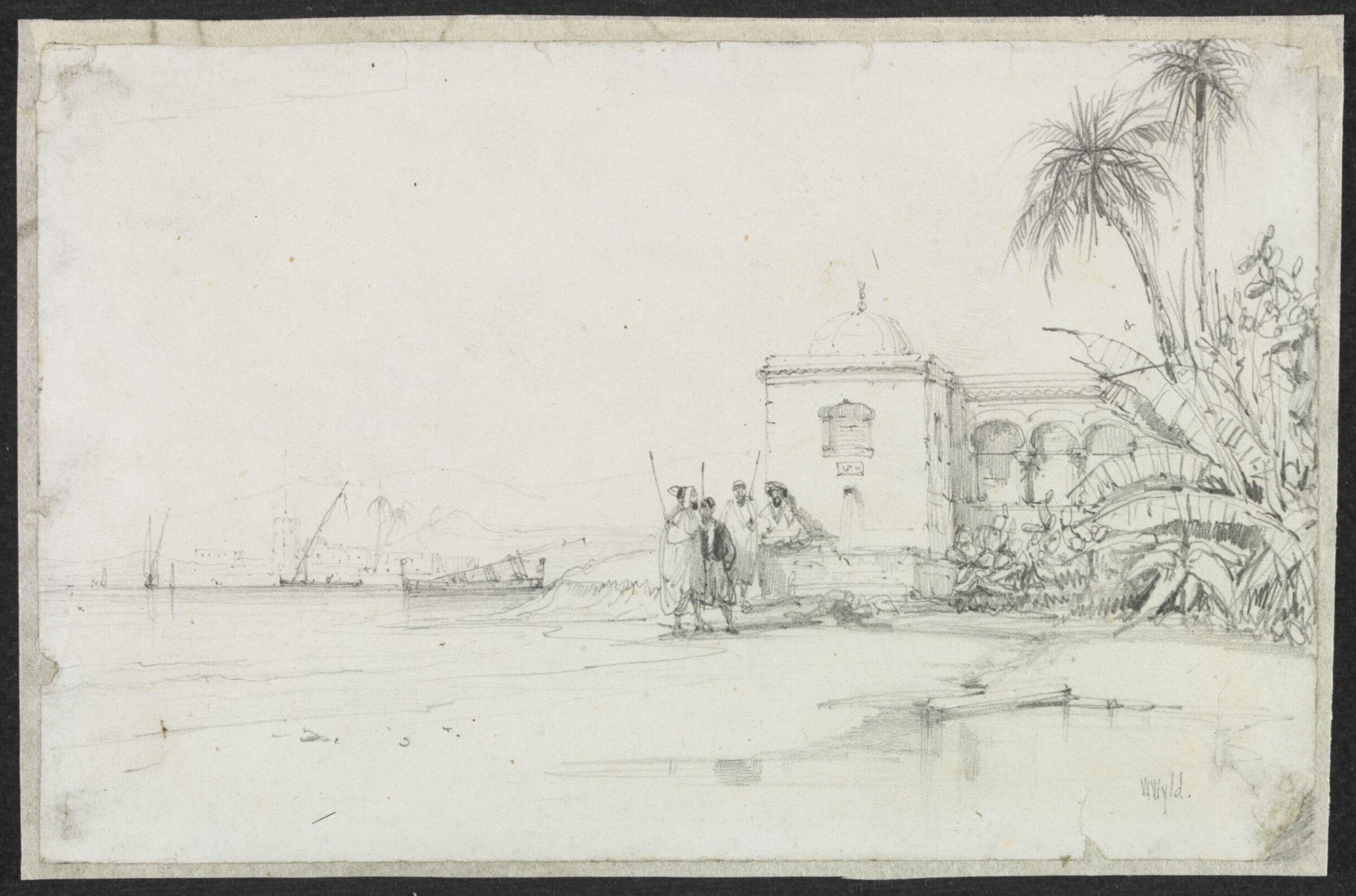 Coastal scene, Algeria, with figures and a building, possibly a tomb, William Wyld, 1833