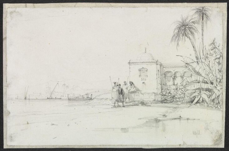 Coastal scene, Algeria, with figures and a building, possibly a tomb top image