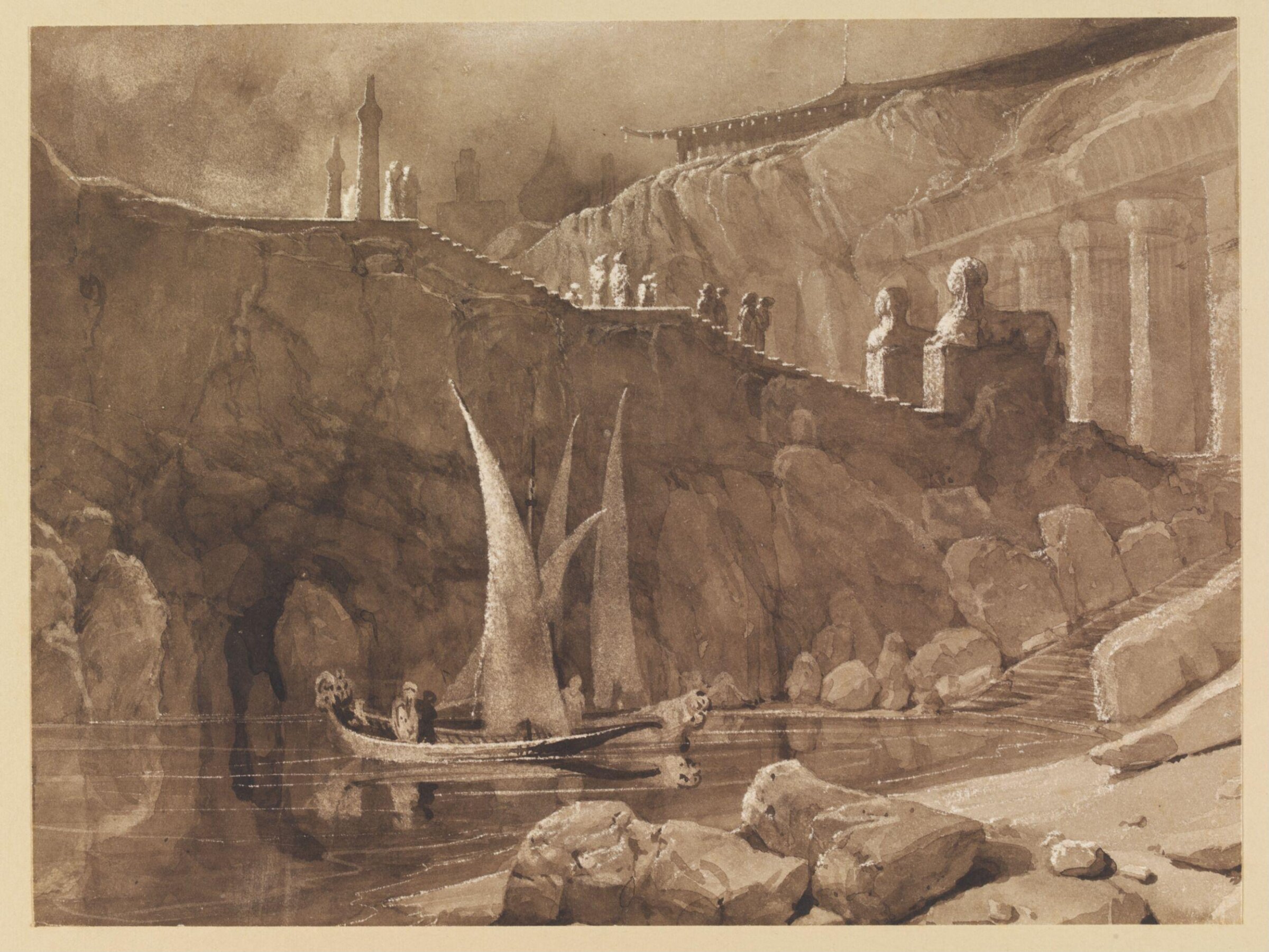 Oriental Capriccio, with water, boats and buildings, William West, 1825-1830