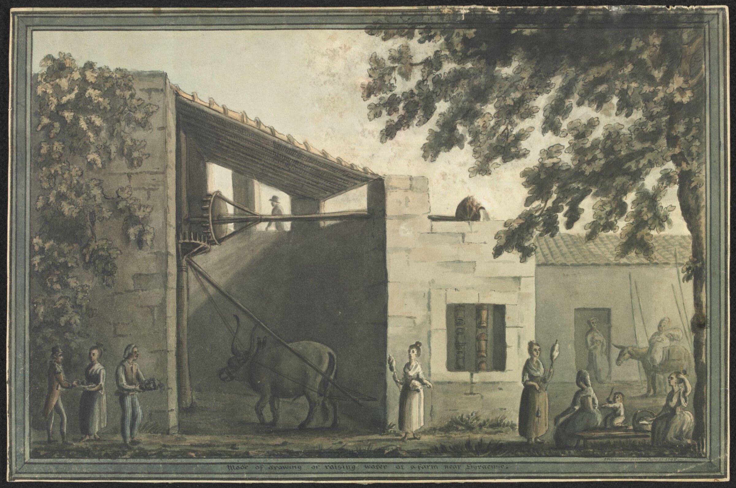 Mode of drawing or raising water at a farm near Syracuse On the back, sketch of an ox, Cooper Willyams, 1798
