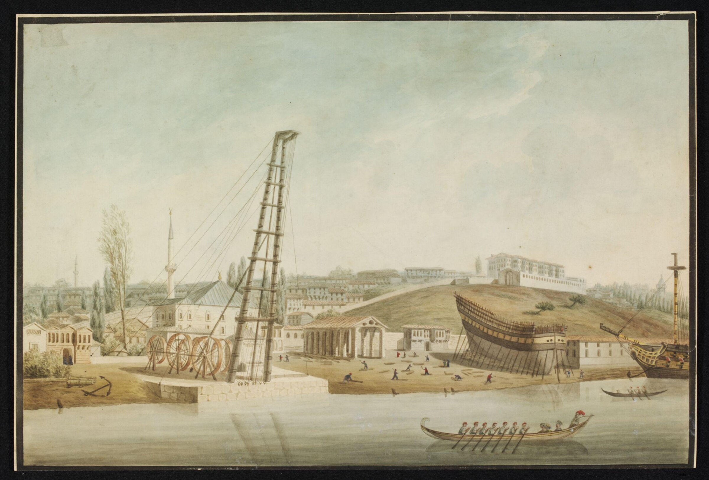 Kasim Pasa, the former Ottoman Naval Arsenal, showing a crane and a ship under construction, ca. 1820