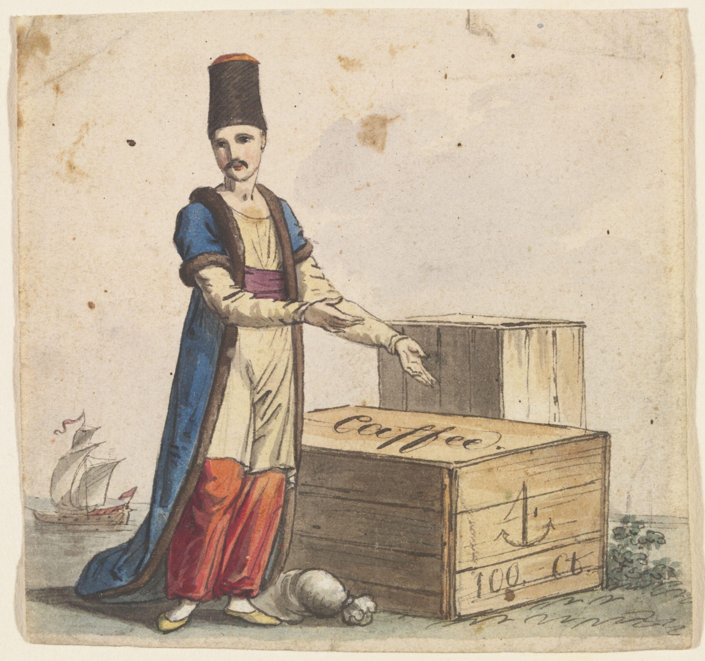 Figure of a Merchant with a crate marked caffee, ca. 1780