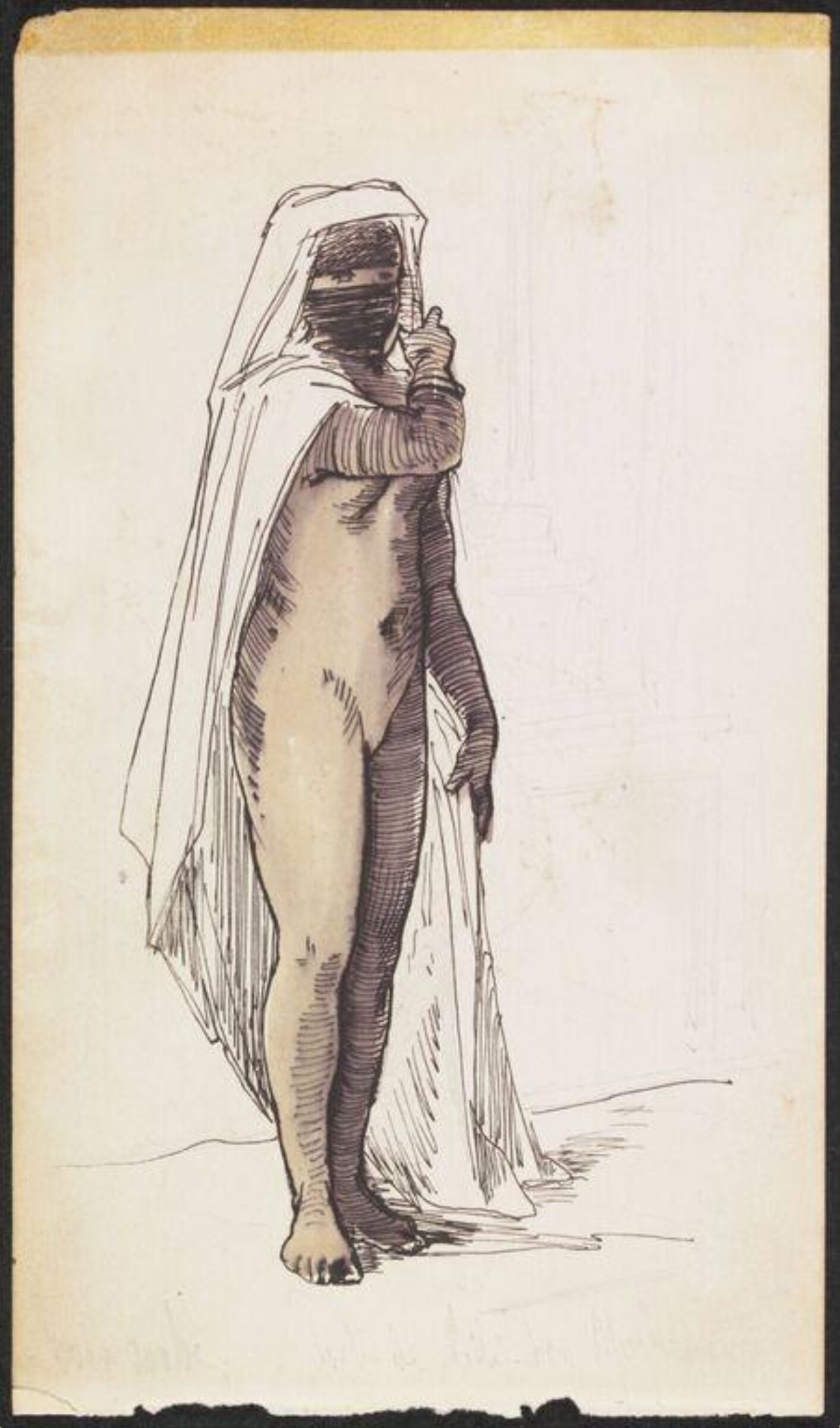 Figure of an Arab Girl, standing, naked except for her veil. On the back, sketch of a girl carrying a water jar