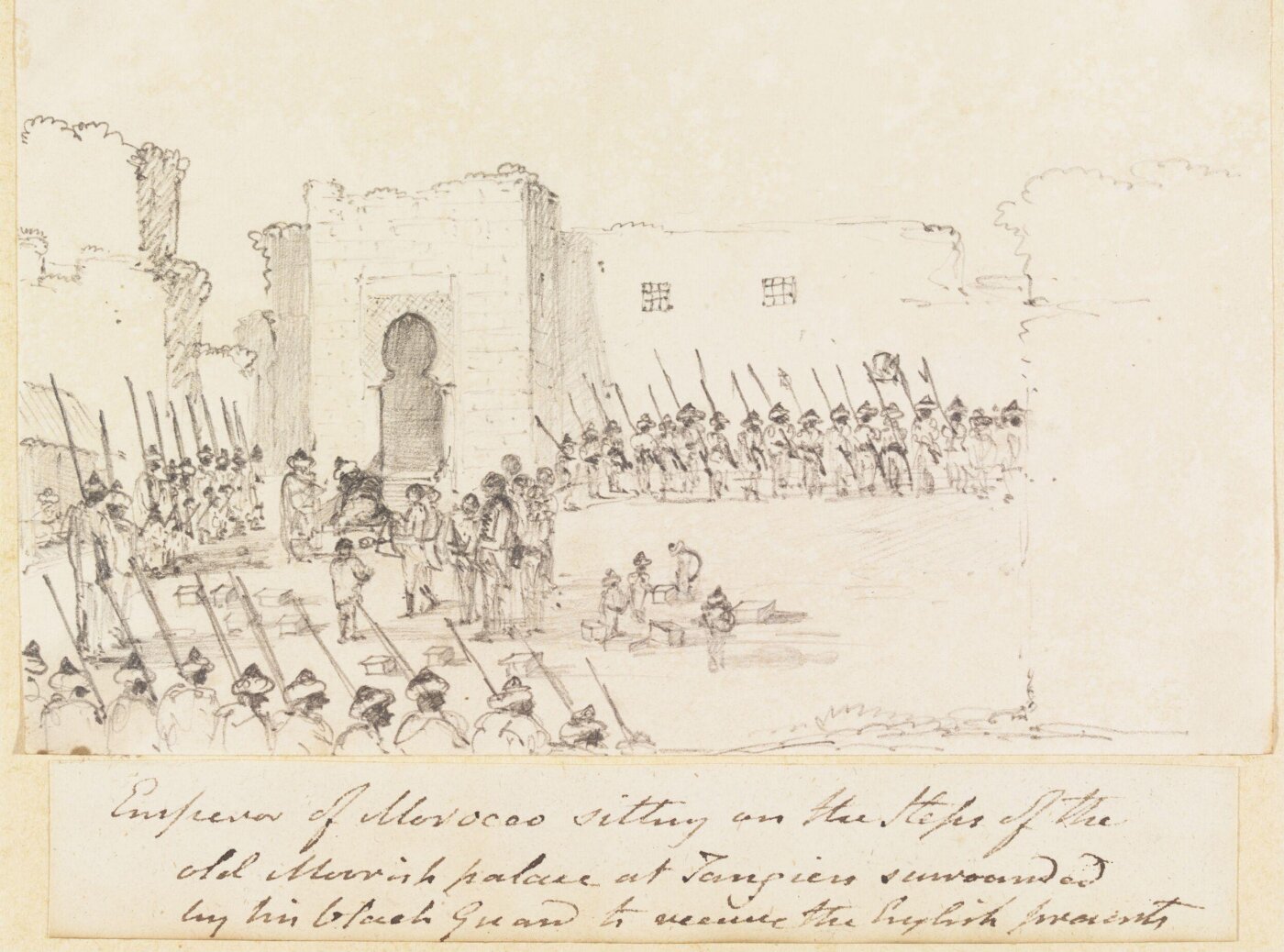 Unknown, Emperor of Morocco sitting on the Steps of the old Moorish palace at Tangiers surrounded by his black Guard to receive the English presents