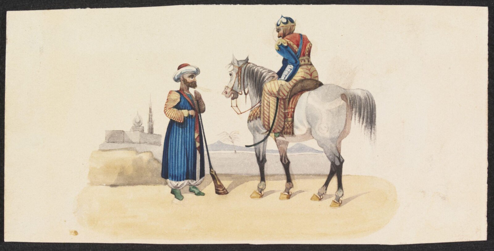Mounted crusader [?] holding discussion with standing man, 1830-1840
