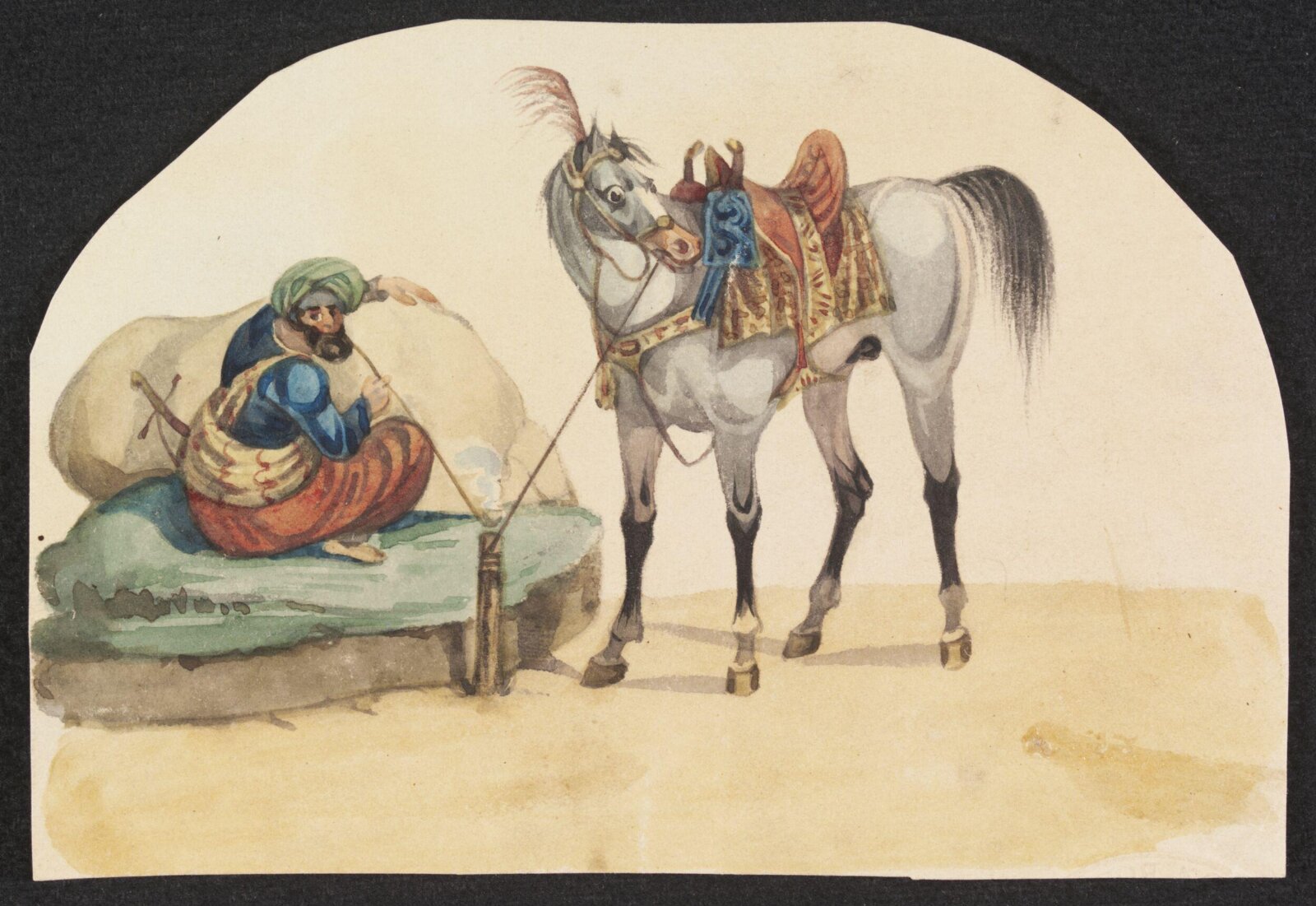 Horse and rider taking refreshments, 1830-1840