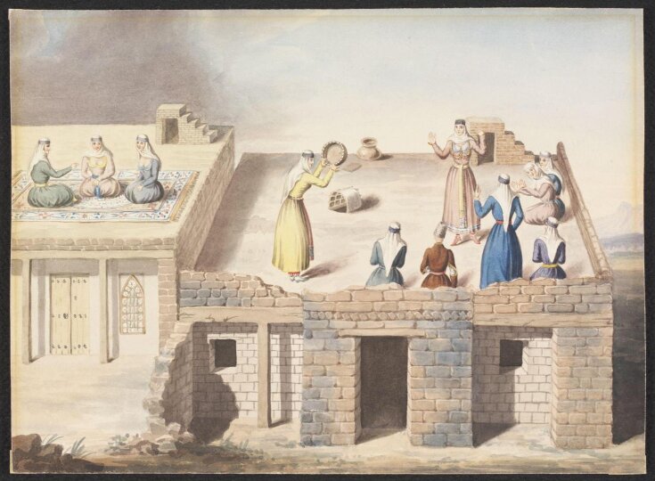 Scene with Women and a Man, playing music, dancing, and conversing, on roofs of buildings, possibly in the Caucasus top image