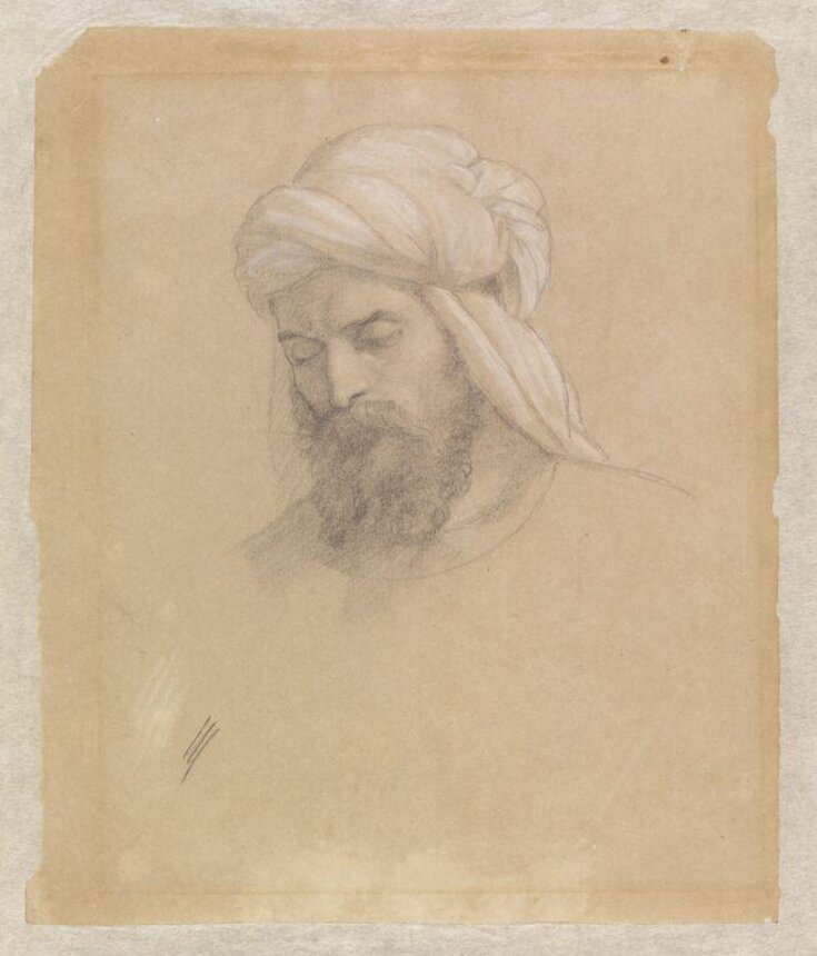 Portrait head, facing left, of a man wearing a white turban top image