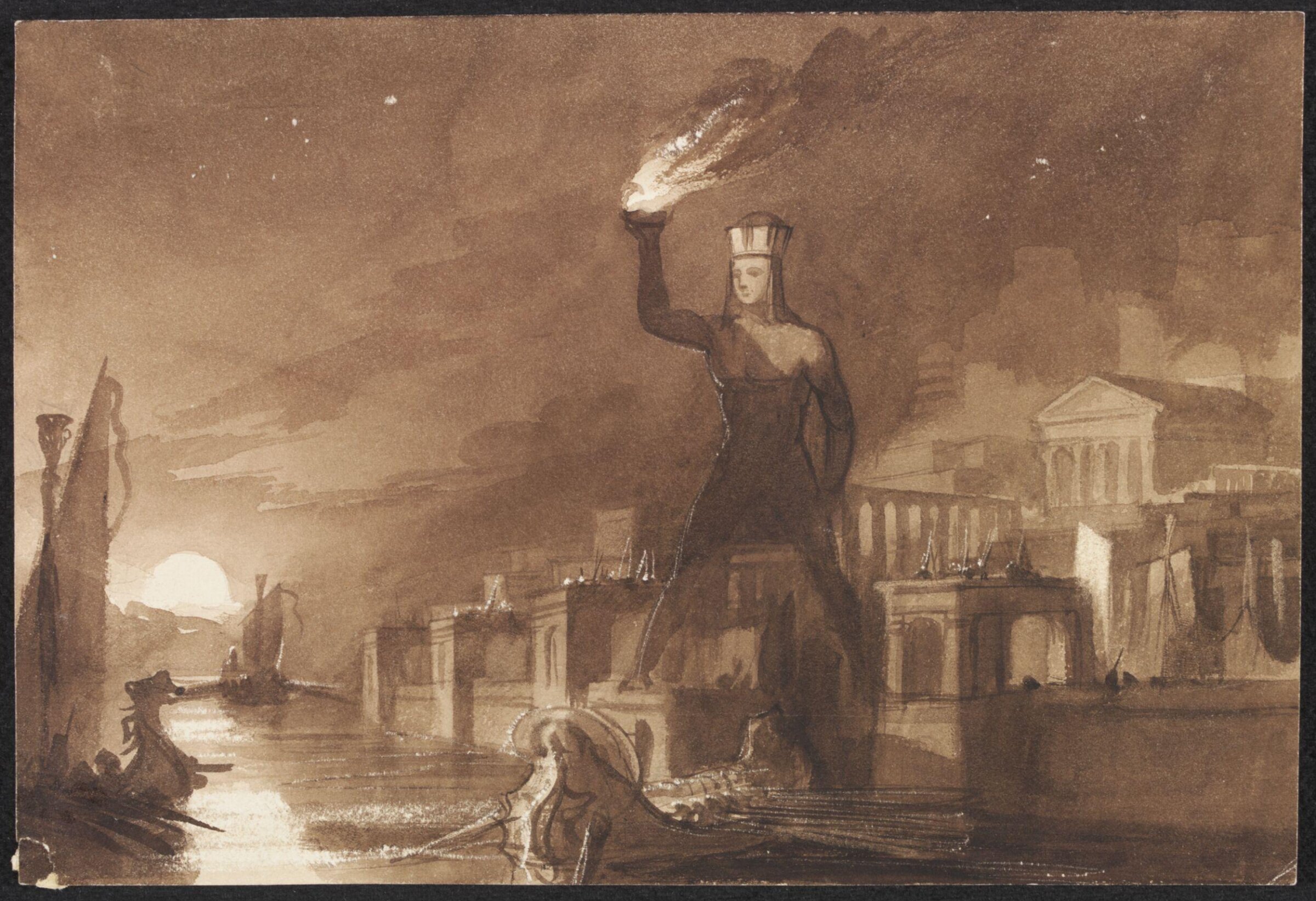 A Capriccio: Harbour scene with the Colossus of Rhodes, 1830