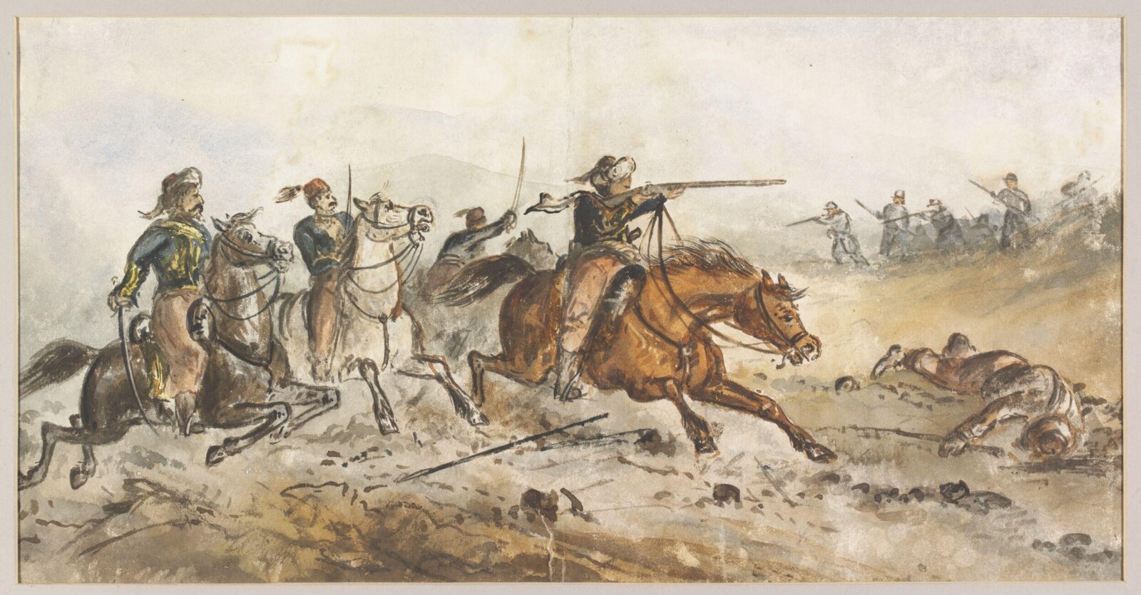 Turkish irregular cavalry charging Russian infantry, 1877-1878