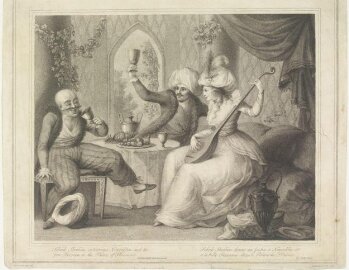 Shiek Ibrahim entertains Noureddin and the fair Persian in the Palace of Pleasures'