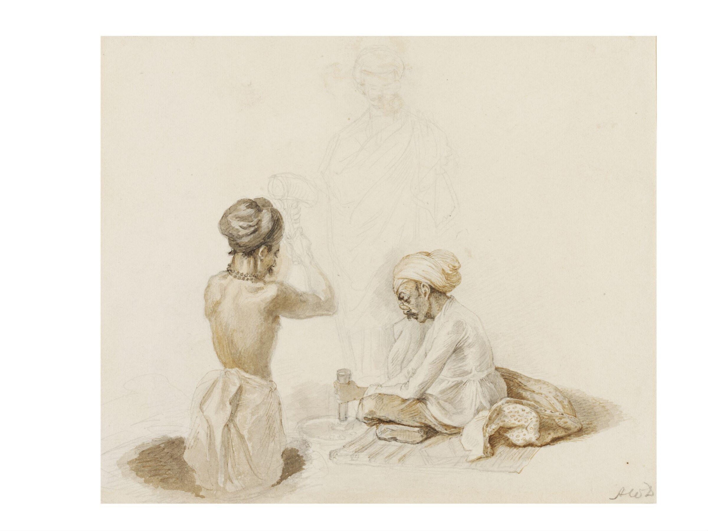 An Indian metal-worker seated cross-legged with his assistant, who raises and hammer, and another figure standing behind, Arthur William Devis, ca.1785-95