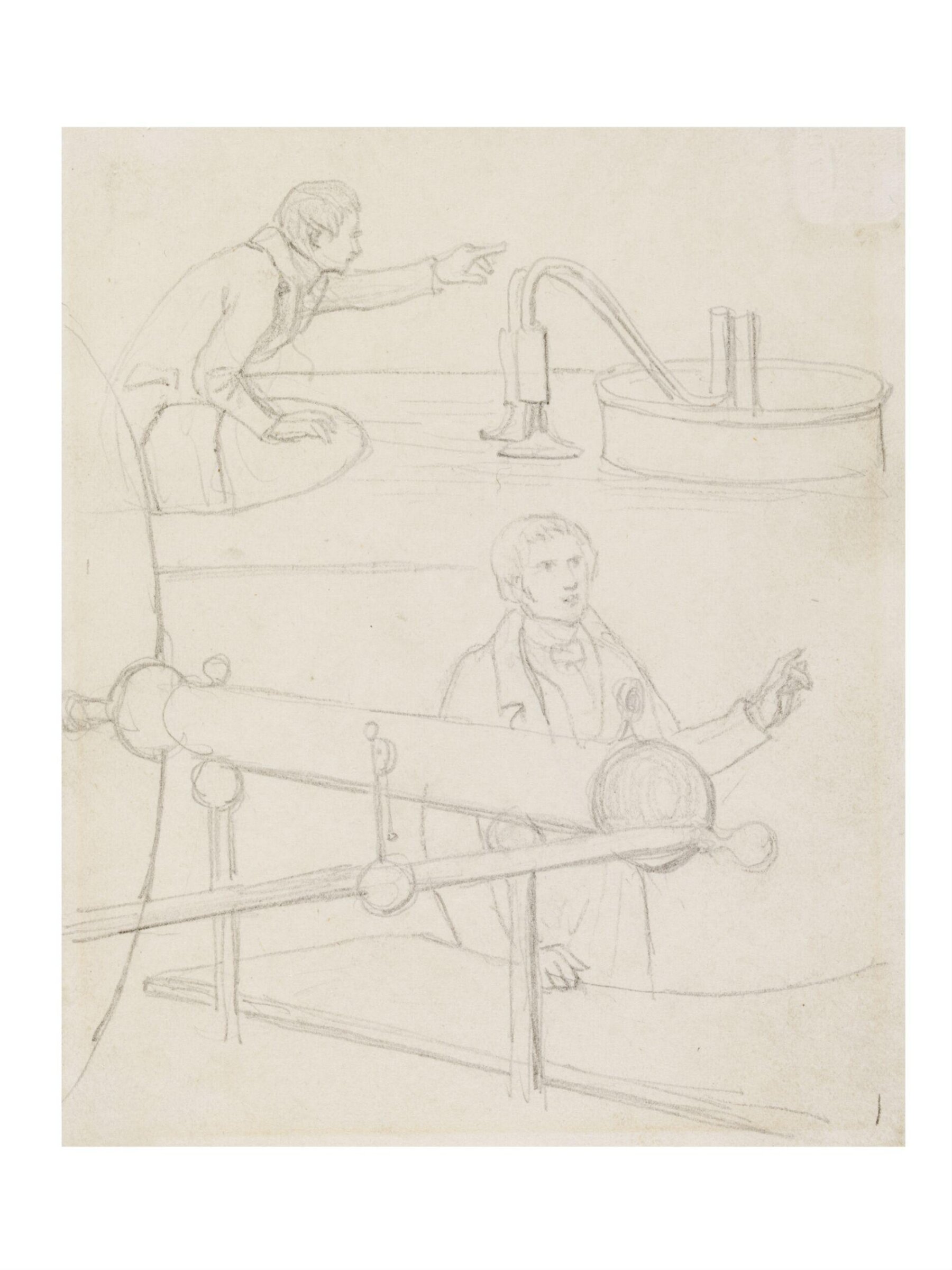 Sketch of two men with large machinery, Daniel Maclise, ca. 1825-70