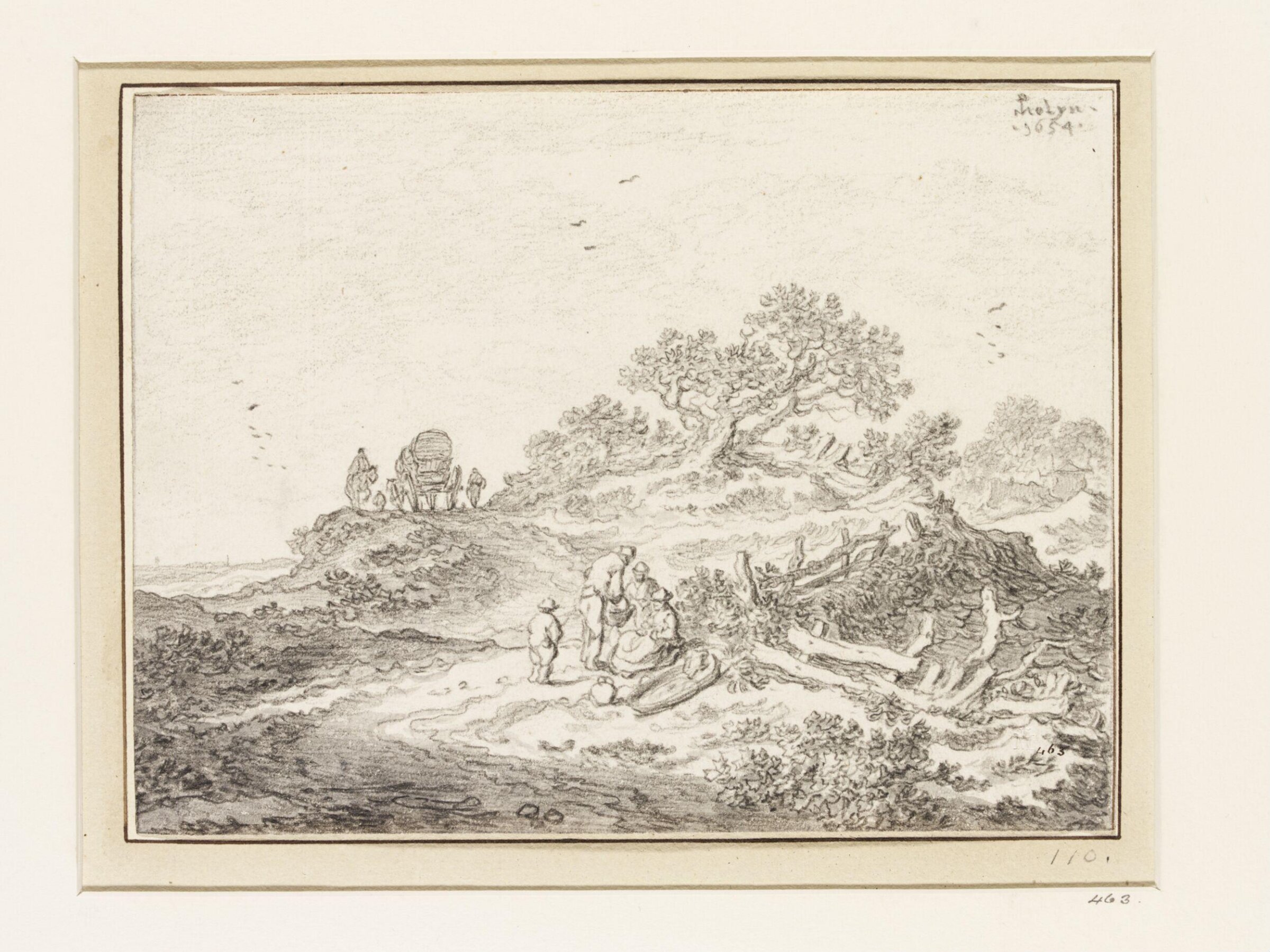 Dune landscape with wayfarers resting at the corner of a fence, and a wagon and a horseman on the brow of a hill, Pieter Molyn, 1654