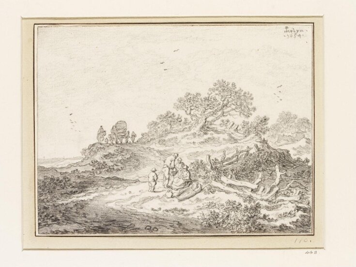 Dune landscape with wayfarers resting at the corner of a fence, and a wagon and a horseman on the brow of a hill top image