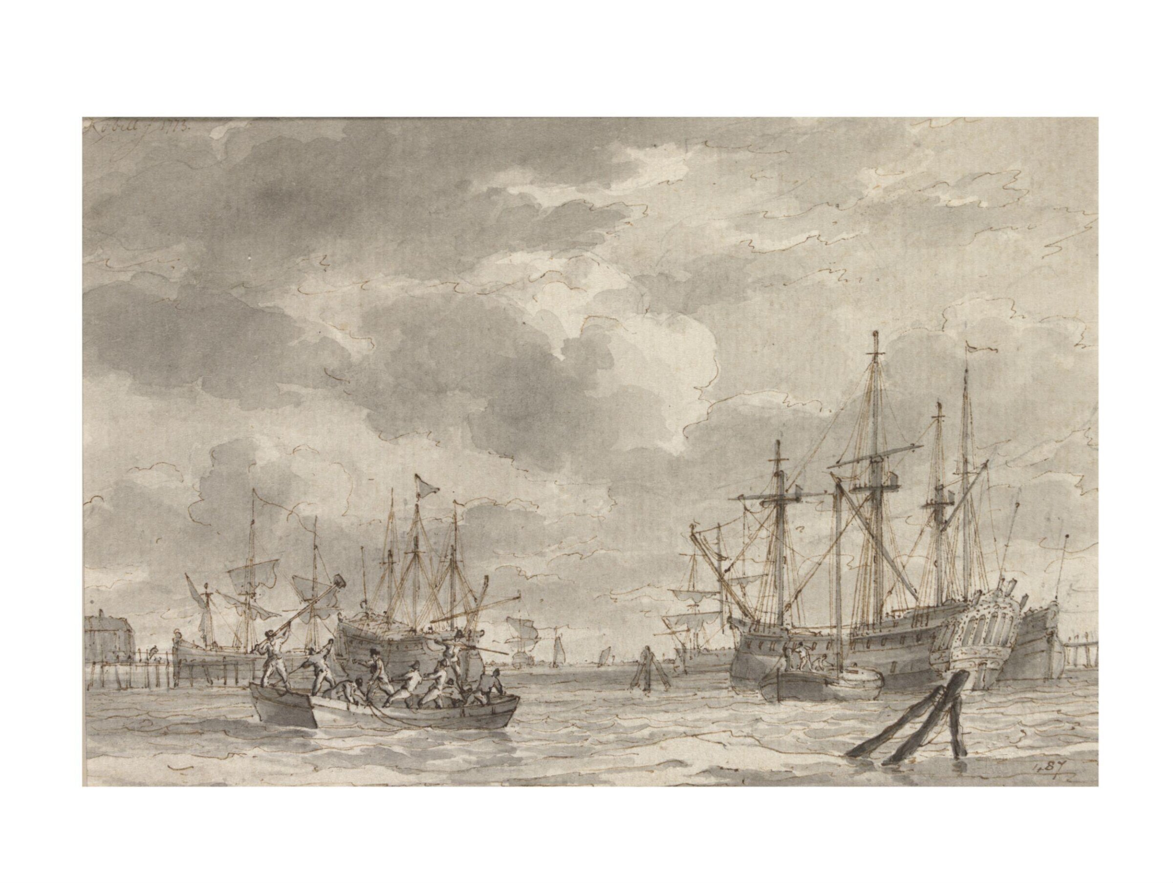 View of ships in Amsterdam harbour and on the Ij, with the arsenal (‘s lands zeemagazijn) of the Admiralty of Amsterdam on the left., Hendrik Kobell, 1773