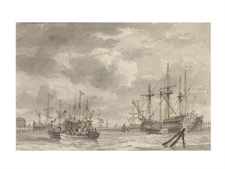 View of ships in Amsterdam harbour and on the Ij, with the arsenal (‘s lands zeemagazijn) of the Admiralty of Amsterdam on the left. top image
