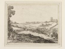 Landscape with grain fields, harvested stooks, and travellers in the left foreground thumbnail 1