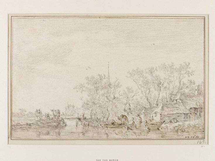 River Scene with Cottages, Peasants in Boats and Three Cows on a Promontory top image